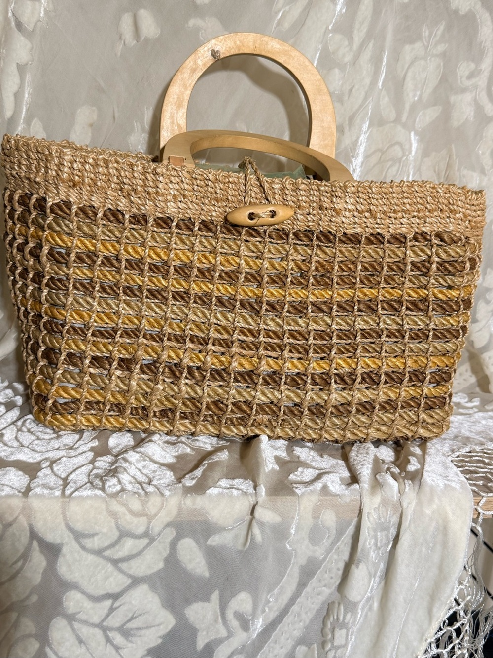 Vintage Talbots Straw Tote Bag Woven Raffia Wood Handles Coastal Summer Beach